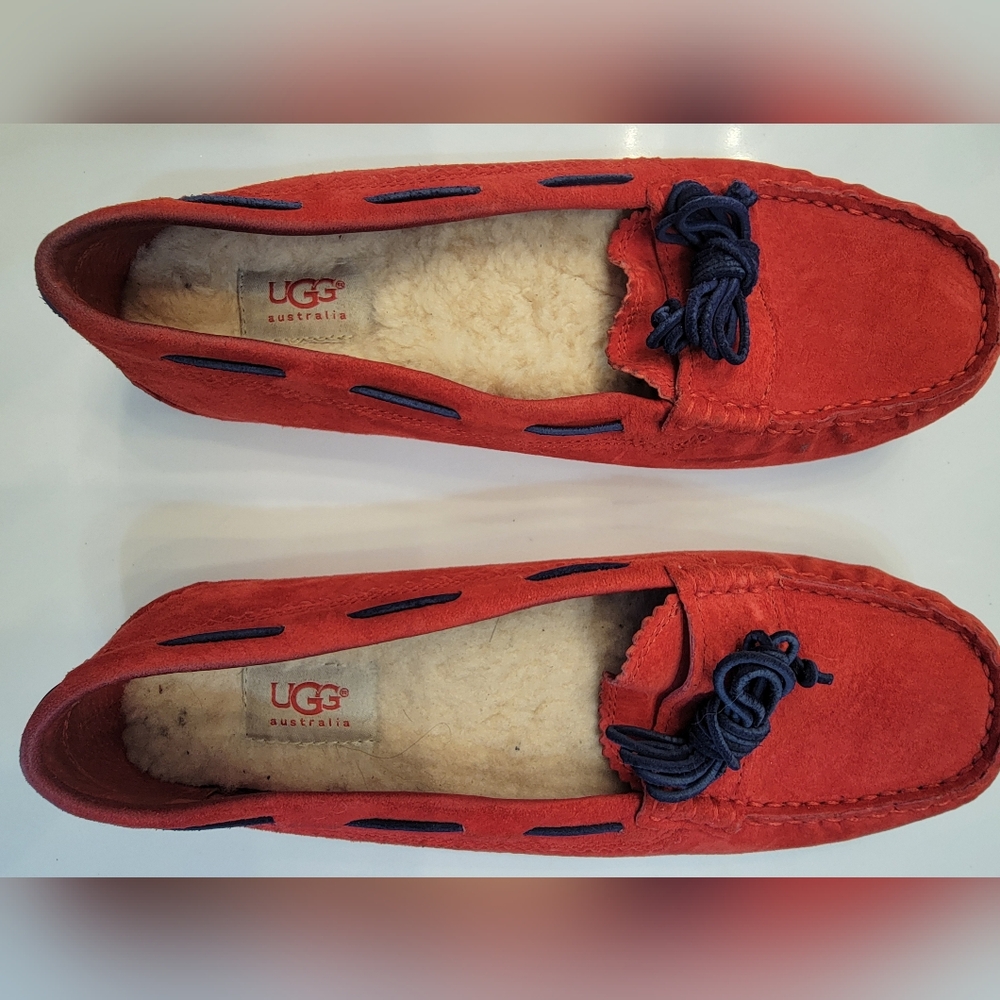 UGG Red Leather Moccasin with Cream Sheepskin Lining